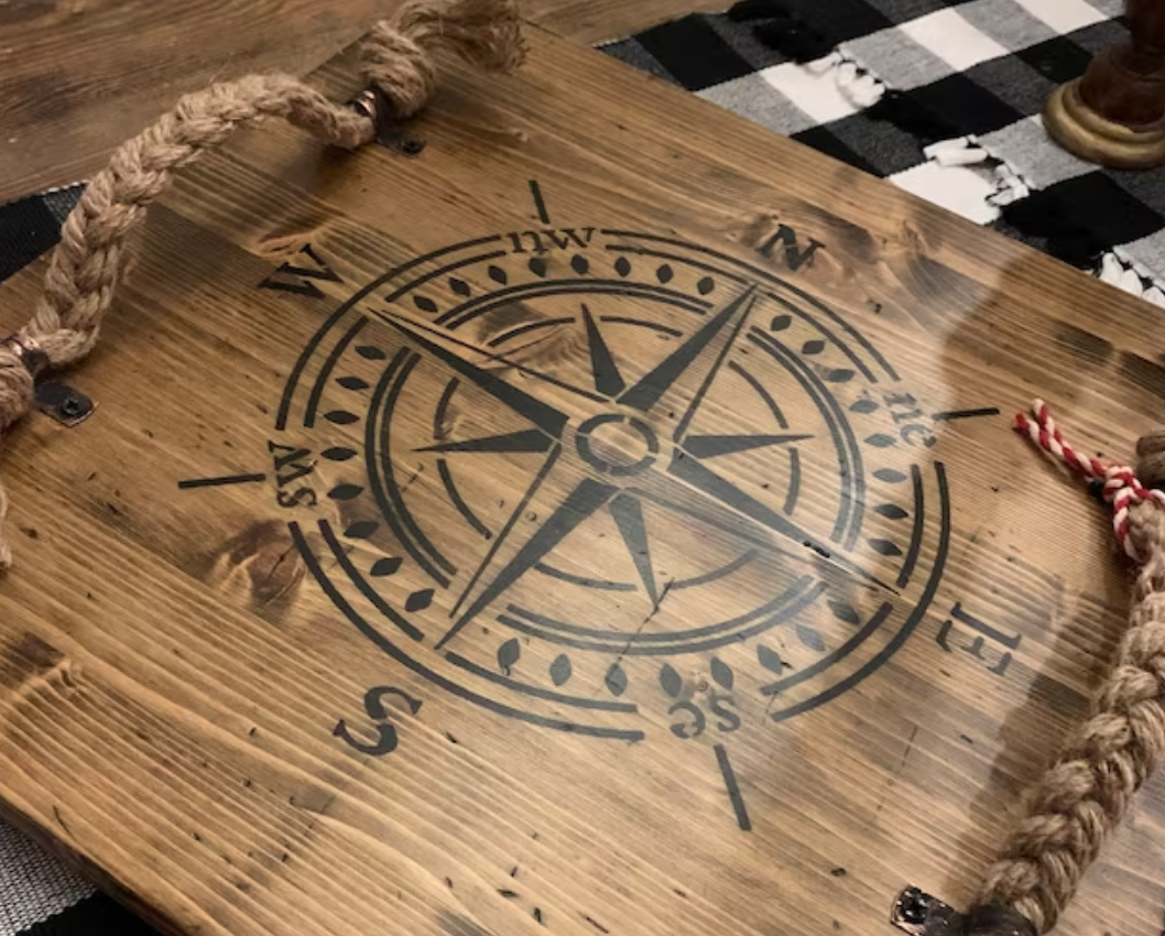 DIY Wood Tray with a Compass Stencil