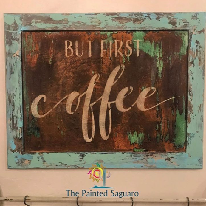 But First Coffee vintage style framed art painted using stencil