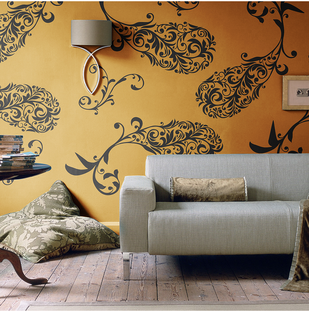 whale-shaped paisley design pattern painted on wall using paint stencil