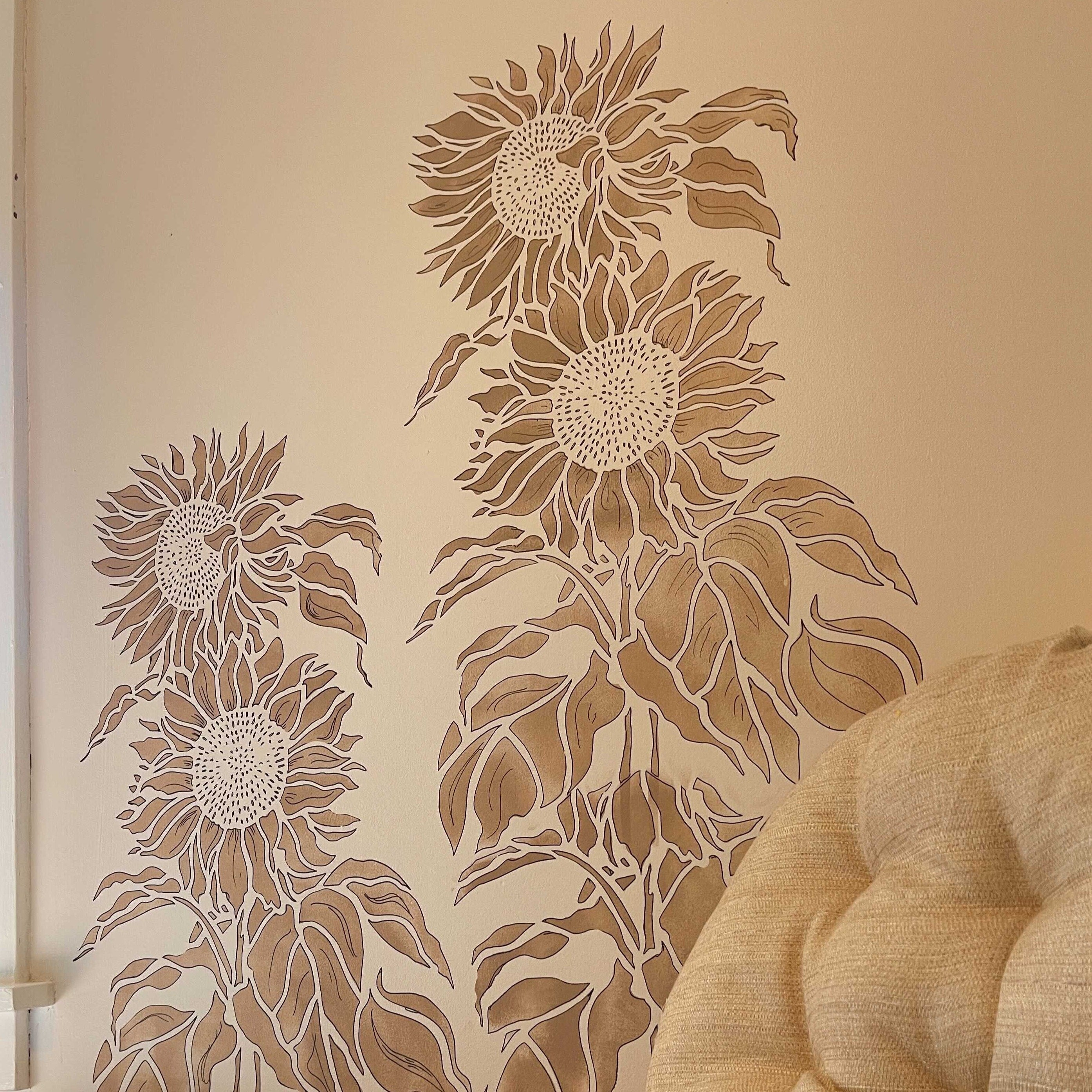 living room wall painted with sunflowers