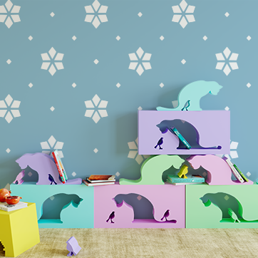 snowflake and diamond shapes nursery wall design painted with stencil