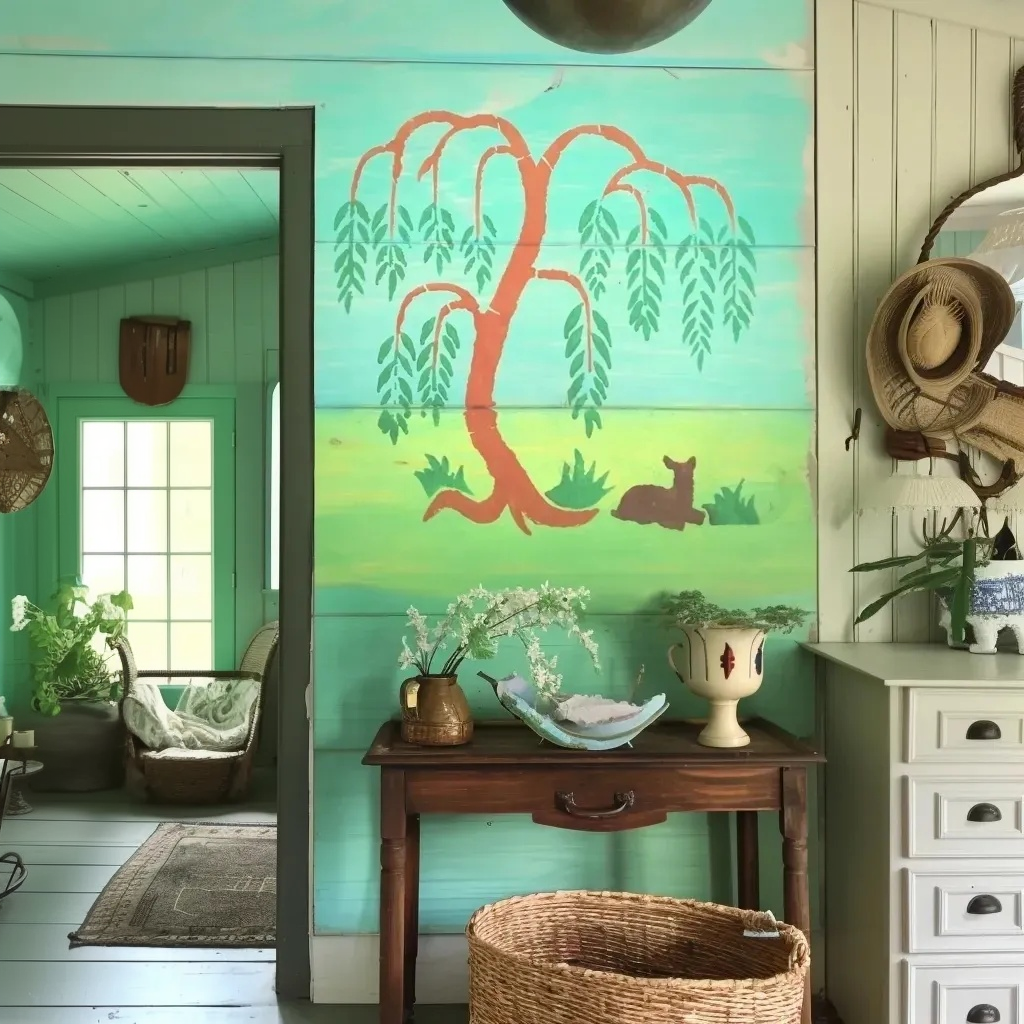 stenciled willow tree and a deer painted on wood