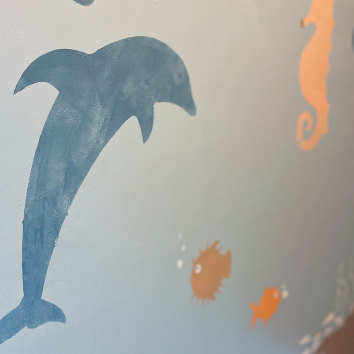 dolphin, puffer fish, seahorse, fish stencil